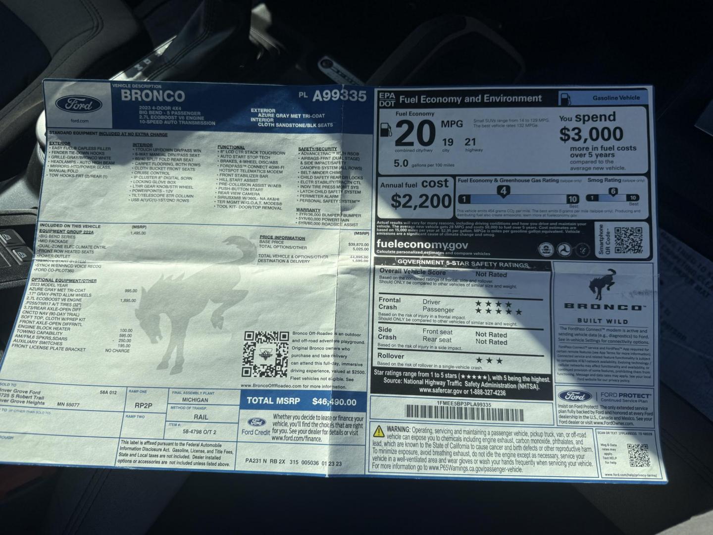 2023 Blue /Tan Ford Bronco Big Bend 4-Door (1FMEE5BP3PL) with an 2.7L V6 DOHC 24V TWIN TURBO engine, Automatic transmission, located at 547 E. Main St., Orwell, OH, 44076, (440) 437-5893, 41.535435, -80.847855 - 2023 Ford Bronco Big Bend – Adventure-Ready with 2.7L Twin-Turbo Power and Fresh Off-Road Tires! This 2023 Ford Bronco Big Bend is a clean, capable 4-door ready to take on trails, sand, snow, or daily drives! Powered by the strong 2.7L Twin-Turbo EcoBoost V6 engine paired with a smooth 10-speed a - Photo#45