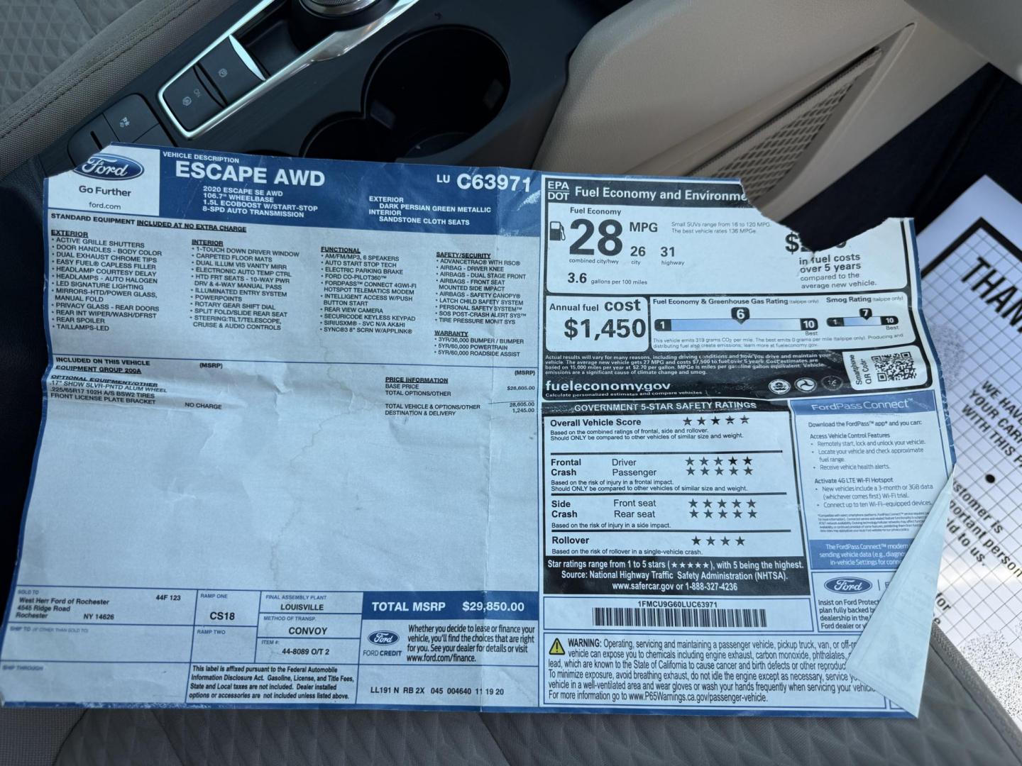 2020 Green /Gray Ford Escape SE AWD (1FMCU9G60LU) with an 1.5L I3 DOHC 12V TURBO engine, Automatic transmission, located at 547 E. Main St., Orwell, OH, 44076, (440) 437-5893, 41.535435, -80.847855 - 2020 Ford Escape SE AWD – Efficient Turbo Crossover with Fresh Service and Loaded Safety Features! This sharp 2020 Ford Escape SE AWD is a great-looking, well-maintained compact SUV that’s ready to go! Powered by a peppy 1.5L I3 Turbocharged EcoBoost engine paired with a smooth 8-speed automati - Photo#39