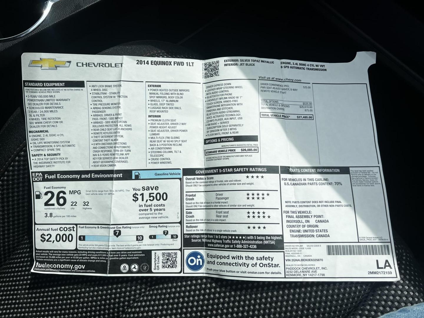 2014 Silver /Black Chevrolet Equinox 1LT 2WD (2GNALBEK0E6) with an 2.4L I4 DOHC 16V engine, 6-Speed Automatic transmission, located at 11115 Chardon Rd. , Chardon, OH, 44024, (440) 214-9705, 41.580246, -81.241943 - Photo#35