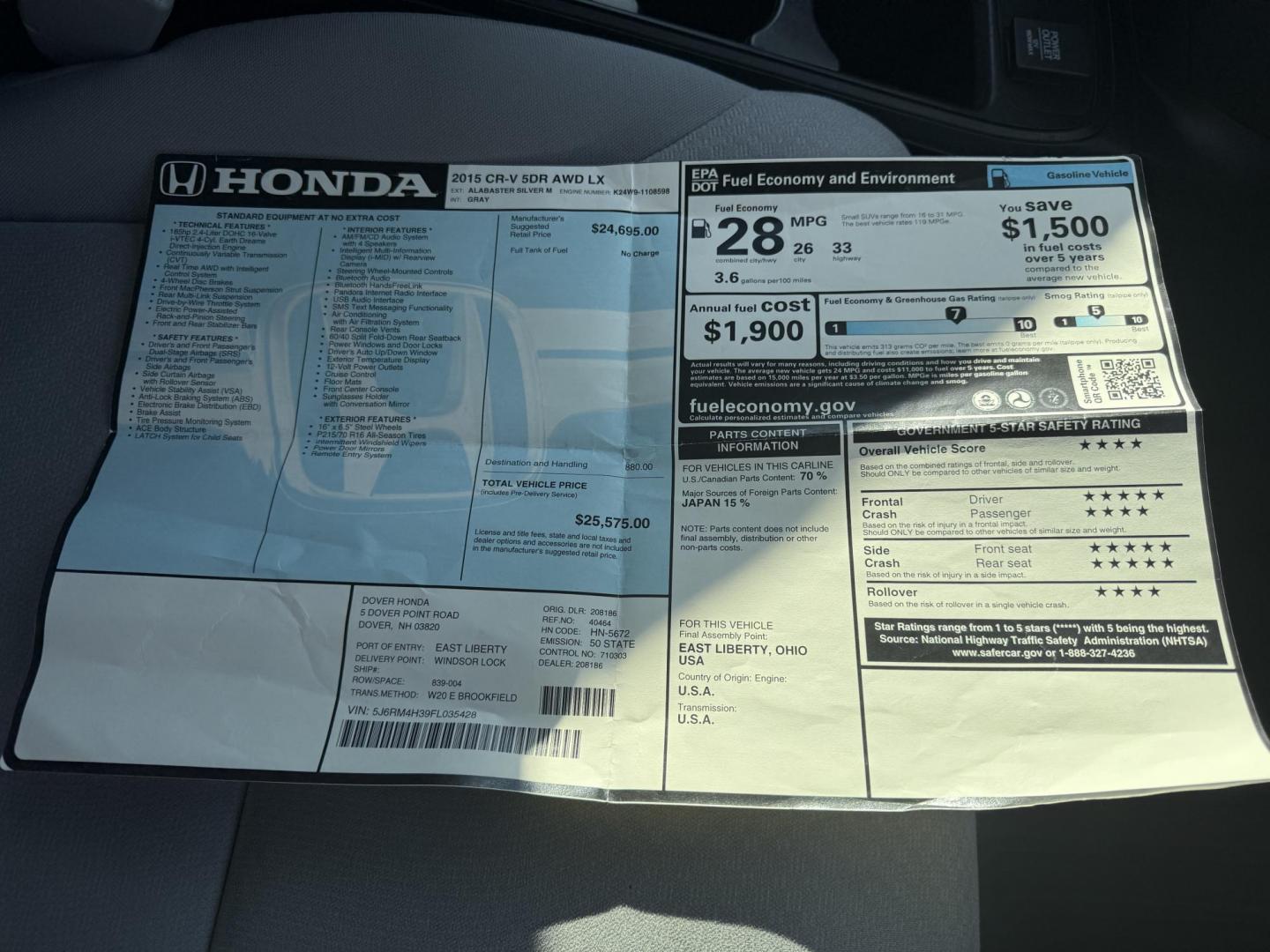 2015 Silver /Gray Honda CR-V LX 4WD (5J6RM4H39FL) with an 2.4L I4 DOHC 16V engine, Automatic transmission, located at 547 E. Main St., Orwell, OH, 44076, (440) 437-5893, 41.535435, -80.847855 - Photo#37