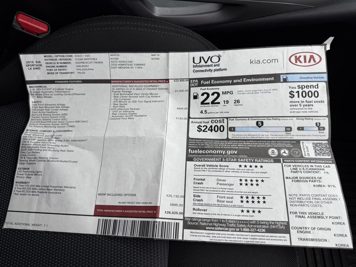 2015 White /Black Kia Sportage LX AWD (KNDPBCAC2F7) with an 2.4L I4 DOHC 16V engine, 6-Speed Automatic transmission, located at 11115 Chardon Rd. , Chardon, OH, 44024, (440) 214-9705, 41.580246, -81.241943 - This One Owner 2015 Kia Sportage LX AWD is a compact SUV equipped with a 2.4-liter inline-four GDI engine paired with a 6-speed automatic transmission. Despite being from 2015, this model offers modern amenities such as ECO driving mode for enhanced fuel efficiency and compatibility with Apple Carpl - Photo#28