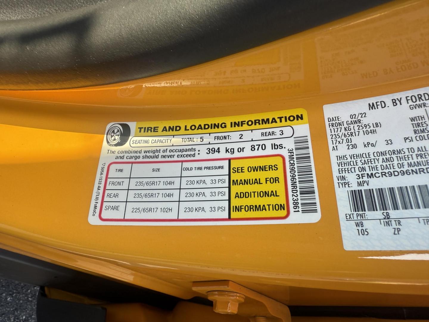 2022 Yellow /Brown Ford Bronco Sport Badlands (3FMCR9D96NR) with an 2.0L I4 DOHC 16V Turbo engine, 8A transmission, located at 11115 Chardon Rd. , Chardon, OH, 44024, (440) 214-9705, 41.580246, -81.241943 - Photo#14