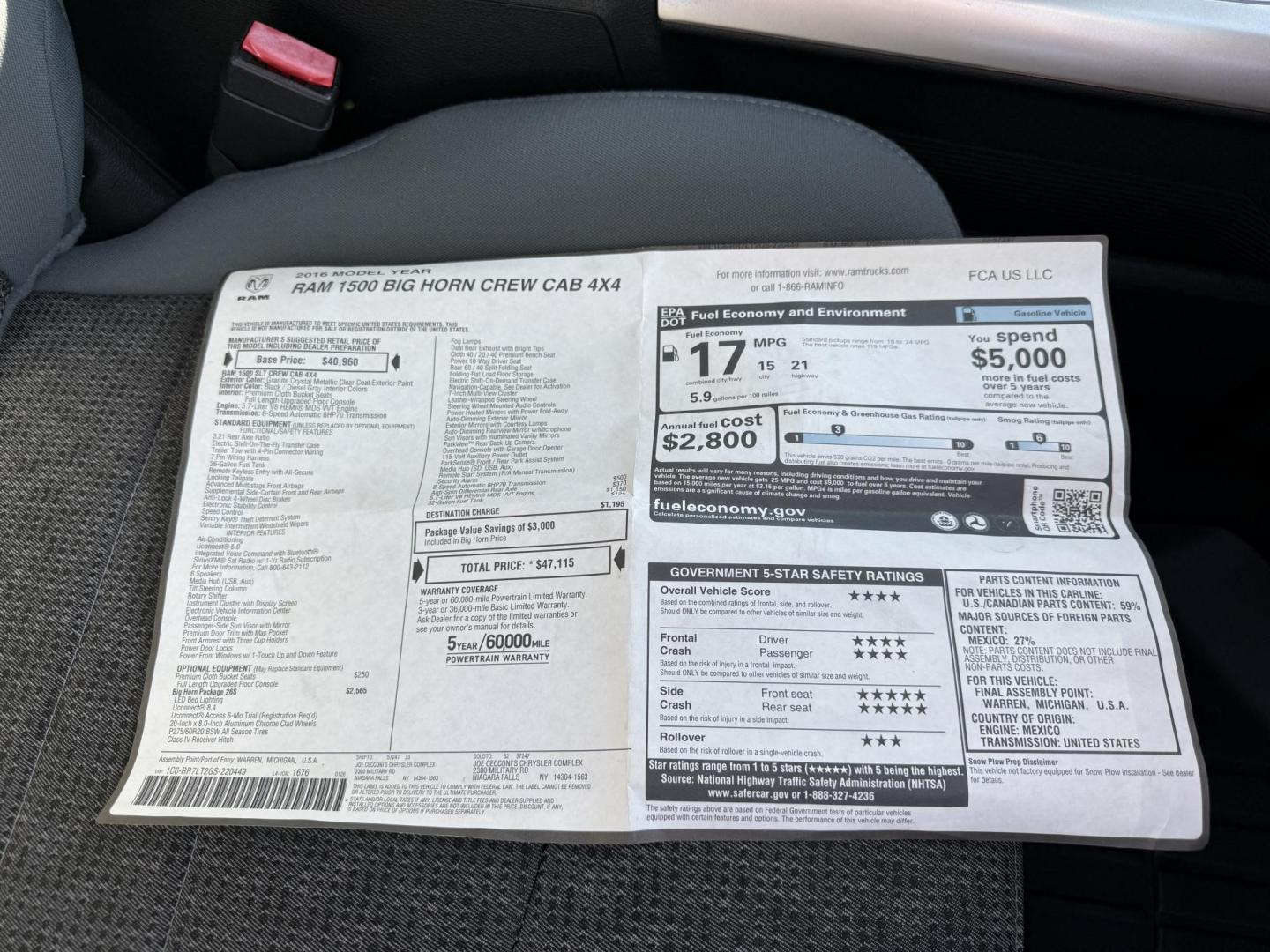 2016 Gray /Gray RAM 1500 Big Horn Crew Cab SWB 4WD (1C6RR7LT2GS) with an 5.7L V8 OHV 16V engine, 8-Speed Automatic transmission, located at 11115 Chardon Rd. , Chardon, OH, 44024, (440) 214-9705, 41.580246, -81.241943 - This One Owner 2016 Ram 1500 Big Horn Crew Cab 5.7 HEMI V8 combines powerful performance with advanced features, featuring an 8-speed automatic transmission, a formidable 8,010-pound towing capacity, and a 5.7-liter HEMI V8 engine. It offers modern technology including an 8.4-inch touchscreen infota - Photo#42