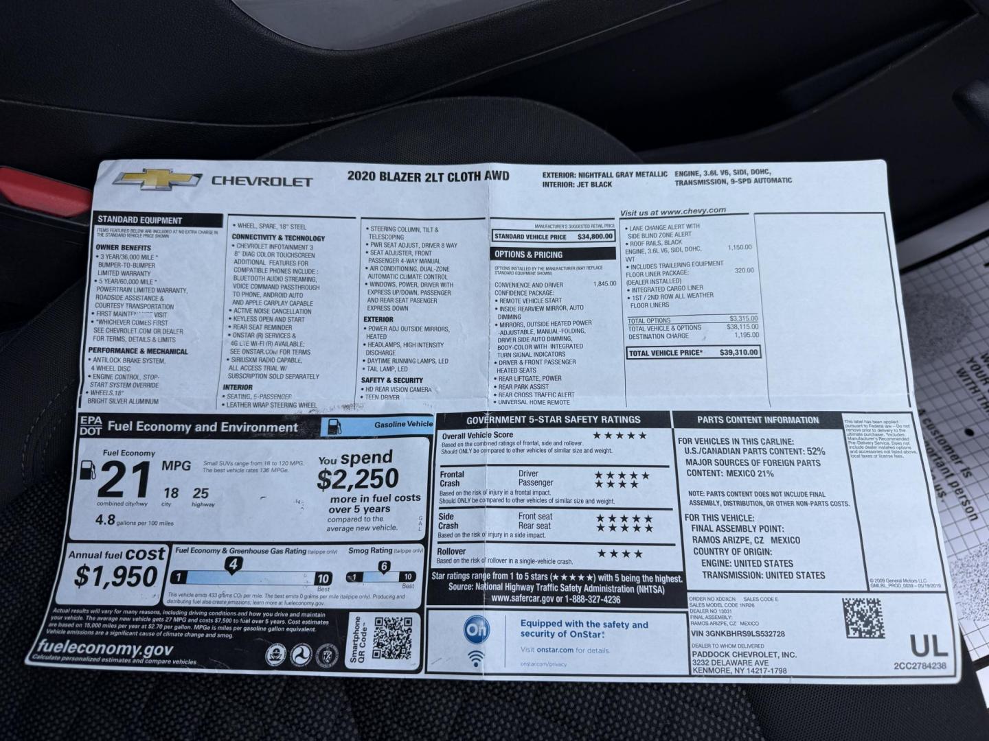 2020 Gray /Black Chevrolet Blazer 2LT AWD (3GNKBHRS9LS) with an 3.6L V6 DOHC 24V engine, 9A transmission, located at 547 E. Main St., Orwell, OH, 44076, (440) 437-5893, 41.535435, -80.847855 - This 2020 Chevrolet Blazer 2LT AWD is a sporty midsize SUV powered by a 3.6L V6 engine and 9-speed automatic transmission, delivering a robust 0-60 mph time of 6.1 seconds and a 4,500-pound towing capacity. It features a power driver’s seat, heated front seats, dual-zone automatic climate control, - Photo#44