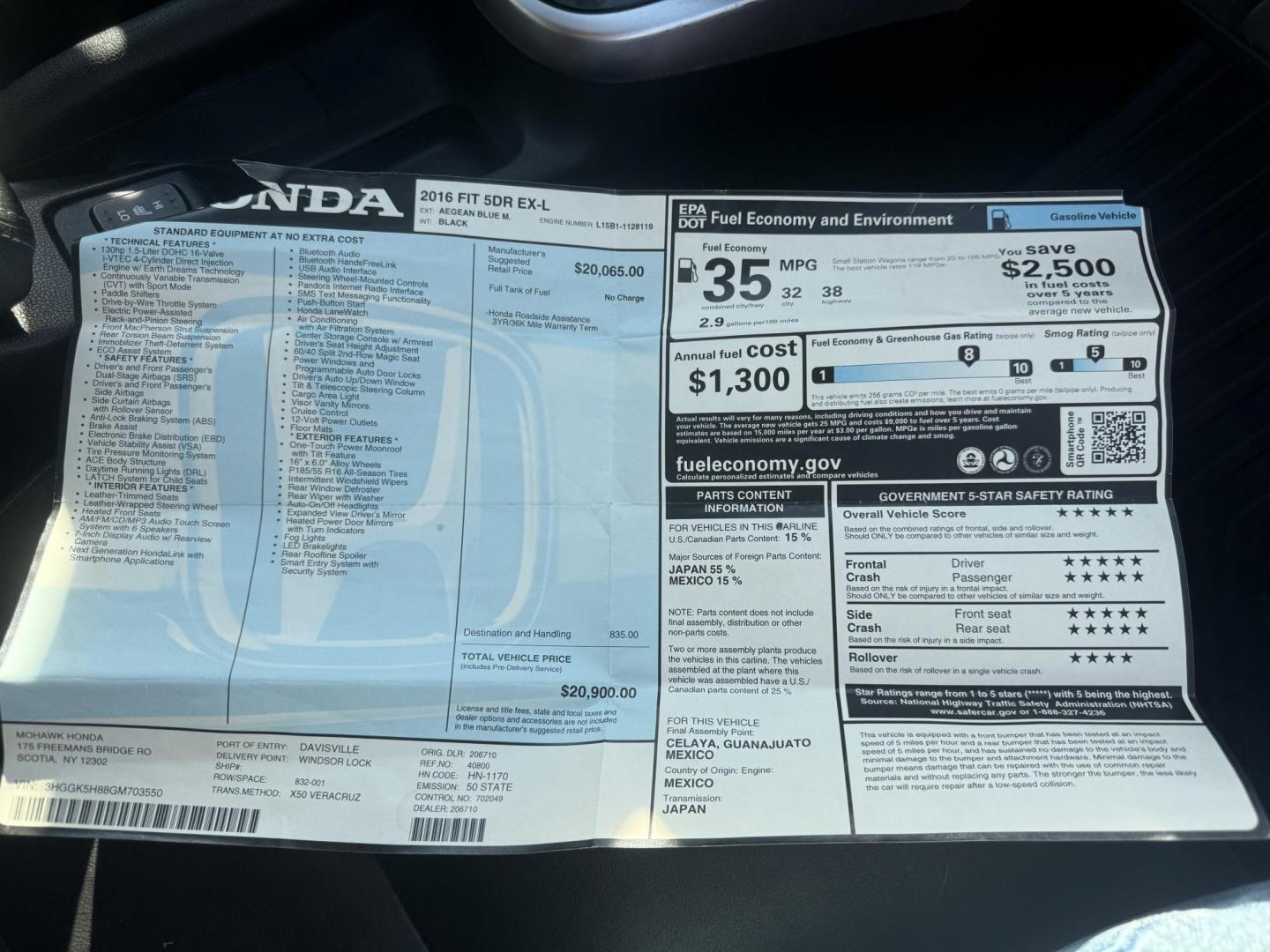 2016 Blue /Black Honda Fit EX-L CVT (3HGGK5H88GM) with an 1.5L I4 SOHC 16V engine, Automatic transmission, located at 11115 Chardon Rd. , Chardon, OH, 44024, (440) 214-9705, 41.580246, -81.241943 - This 2016 Honda Fit EX-L, powered by a 1.5L I4 engine, delivers impressive efficiency with up to 40 MPG highway and packs a surprising array of premium features for its class, including leather interior, heated front seats, a power moonroof, and a 7-inch touchscreen with push-button start. Safety an - Photo#41