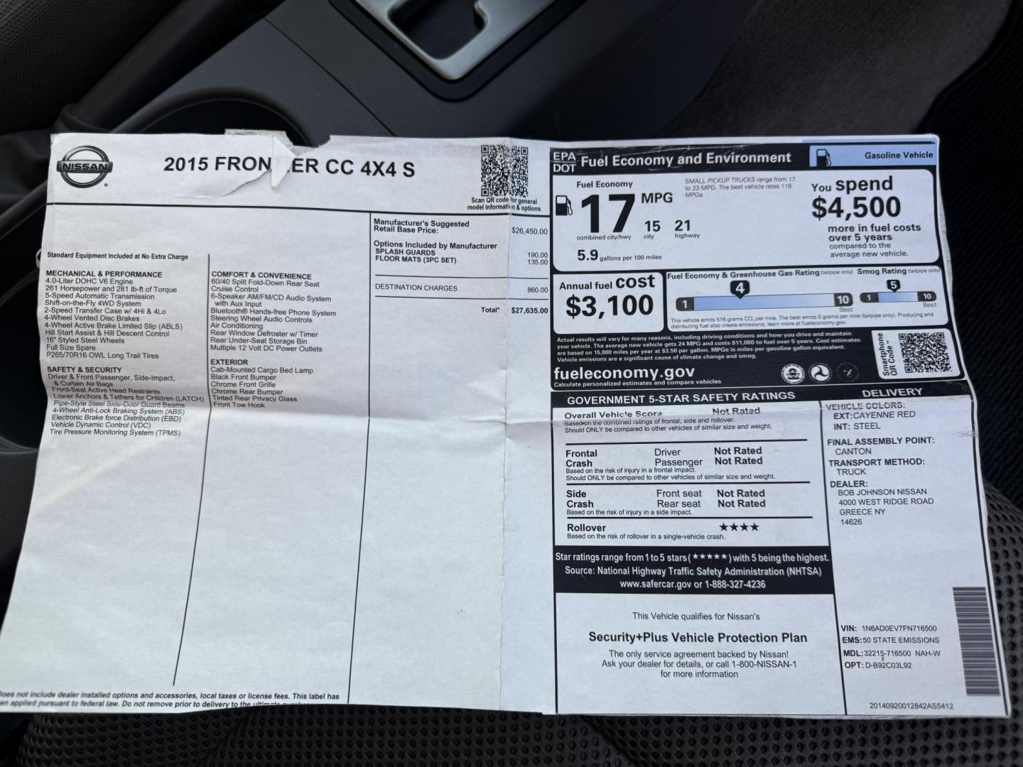 2015 Red /Gray Nissan Frontier S Crew Cab 5AT 4WD (1N6AD0EV7FN) with an 4.0L V6 DOHC 24V engine, 5-Speed Automatic transmission, located at 11115 Chardon Rd. , Chardon, OH, 44024, (440) 214-9705, 41.580246, -81.241943 - This One Owner 2015 Nissan Frontier S Crew Cab 4WD is powered by a robust 4.0L V6 engine mated to a 5-speed automatic transmission, offering a towing capacity of up to 6,100 pounds. It features a Dana 44 rear axle and active brake limited slip differentials, enhancing traction and off-road capabilit - Photo#38