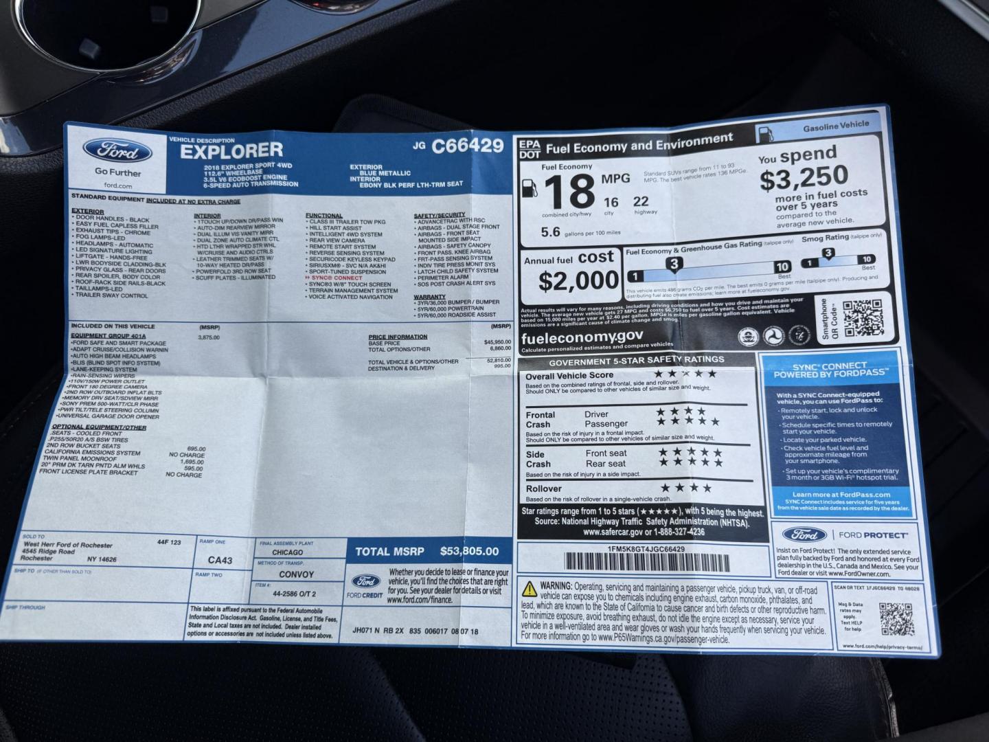 2018 Blue /Black Ford Explorer Sport 4WD (1FM5K8GT4JG) with an 3.5L V6 DOHC 24V TWIN TURBO engine, 6A transmission, located at 11115 Chardon Rd. , Chardon, OH, 44024, (440) 214-9705, 41.580246, -81.241943 - Experience thrilling performance and refined comfort in this 2018 Ford Explorer Sport 4WD. Powered by a 3.5L Twin Turbo EcoBoost V6 and a 6-speed automatic transmission, this SUV accelerates from 0 to 60 in just six seconds and offers a 5,000-pound towing capacity—perfect for adventure or family g - Photo#51