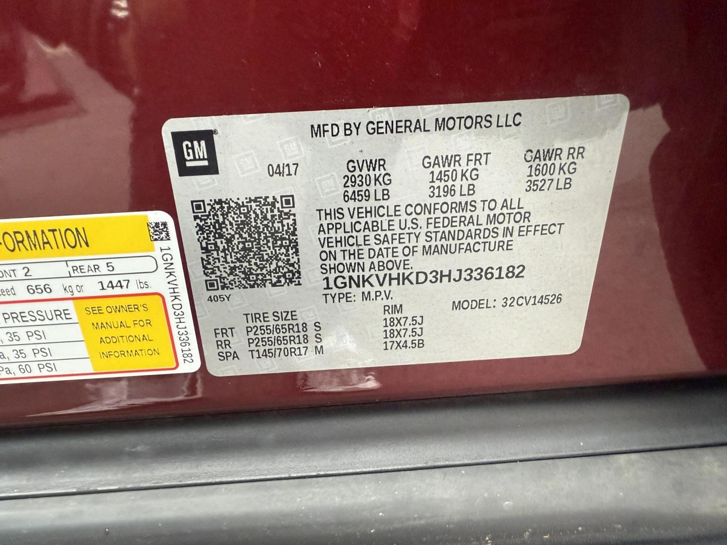 2017 Red /Brown Chevrolet Traverse 2LT AWD (1GNKVHKD3HJ) with an 3.6L V6 DOHC 24V engine, 6A transmission, located at 547 E. Main St., Orwell, OH, 44076, (440) 437-5893, 41.535435, -80.847855 - Photo#22