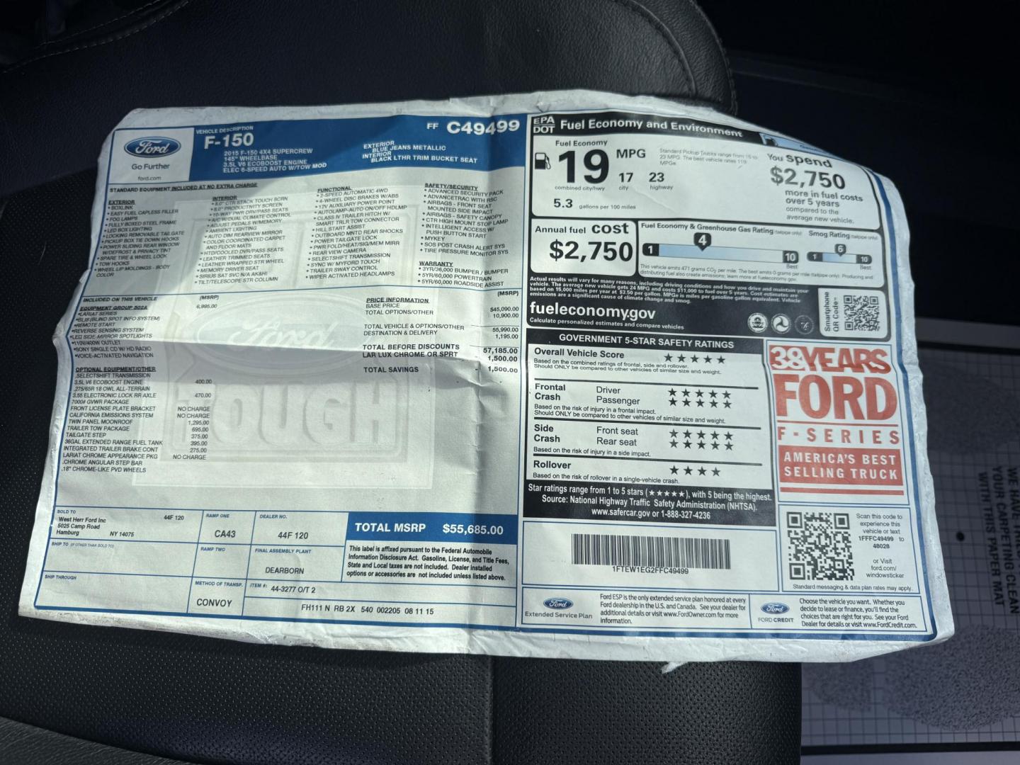 2015 Blue /Black Ford F-150 Lariat SuperCrew 5.5-ft. Bed 4WD (1FTEW1EG2FF) with an 3.5L V6 TWIN TURBO engine, 6-Speed Automatic transmission, located at 547 E. Main St., Orwell, OH, 44076, (440) 437-5893, 41.535435, -80.847855 - 2015 Ford F-150 Lariat Crew Cab – Power, Luxury, and Advanced Capability Experience top-tier performance and premium comfort with this 2015 Ford F-150 Lariat Crew Cab. Under the hood, the powerful 3.5L Twin Turbo EcoBoost engine delivers an impressive 365 horsepower and 420 lb-ft of torque, pai - Photo#53