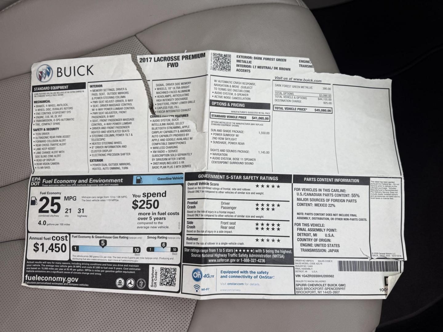 2017 Green /Tan Buick LaCrosse Premium (1G4ZR5SS9HU) with an 3.6L V6 DOHC 24V engine, Automatic transmission, located at 11115 Chardon Rd. , Chardon, OH, 44024, (440) 214-9705, 41.580246, -81.241943 - One Owner ---- 2017 Buick LaCrosse Premium – Luxurious Comfort, Cutting-Edge Technology, and Outstanding Efficiency Elevate your driving experience with this 2017 Buick LaCrosse Premium. Powered by a refined 3.6L V6 engine paired with an 8-speed automatic transmission, this sedan delivers impre - Photo#51