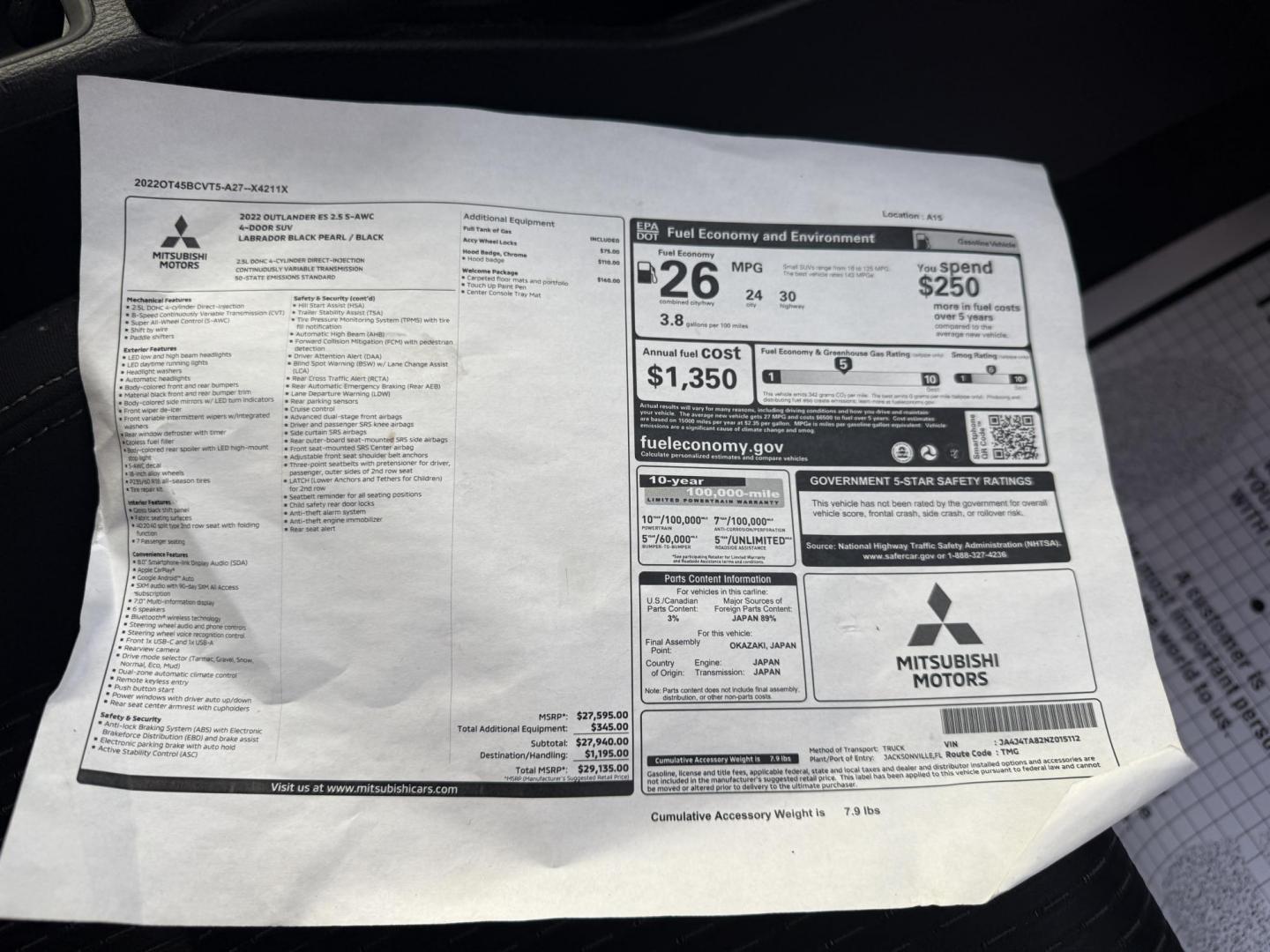 2022 Black /Black Mitsubishi Outlander ES 4WD (JA4J4TA82NZ) with an 2.5L I4 DOHC 16V engine, Automatic transmission, located at 547 E. Main St., Orwell, OH, 44076, (440) 437-5893, 41.535435, -80.847855 - Photo#37