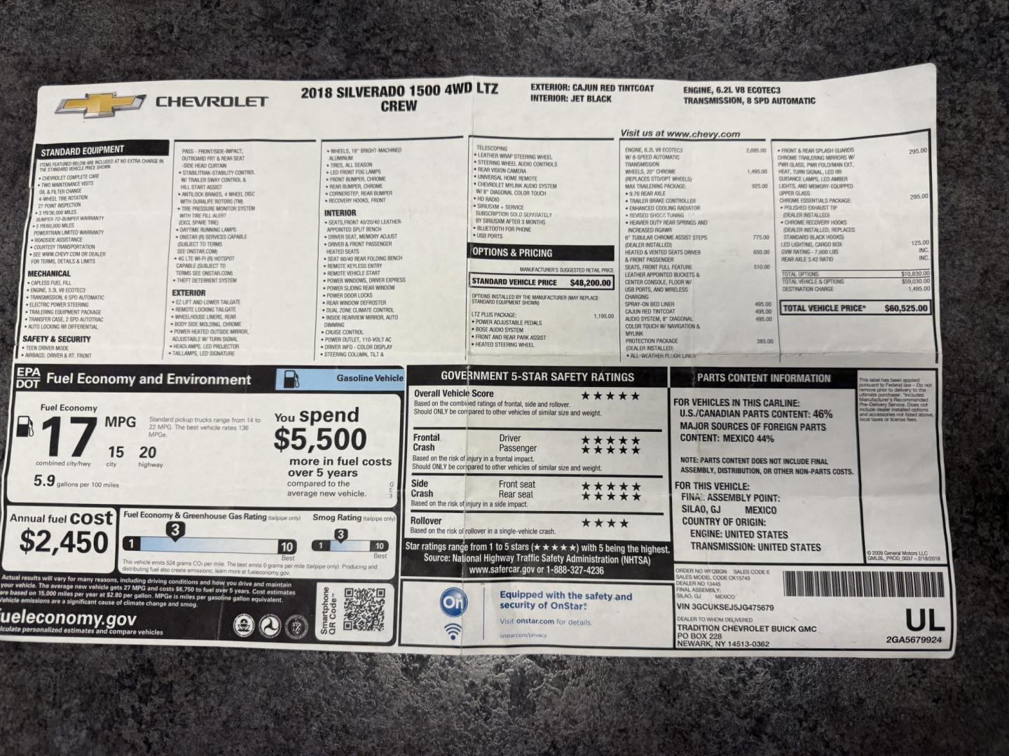 2018 Red /Black Chevrolet Silverado 1500 LTZ Crew Cab 4WD (3GCUKSEJ5JG) with an 6.2L V8 OHV 16V engine, Automatic transmission, located at 547 E. Main St., Orwell, OH, 44076, (440) 437-5893, 41.535435, -80.847855 - 2018 Chevrolet Silverado 1500 LTZ Crew Cab 4WD – Unmatched Power, Premium Comfort, and Advanced Technology Experience the perfect combination of strength, luxury, and innovation with this 2018 Chevrolet Silverado 1500 LTZ Crew Cab 4WD. Under the hood, a commanding 6.2L EcoTec3 V8 engine deliver - Photo#56