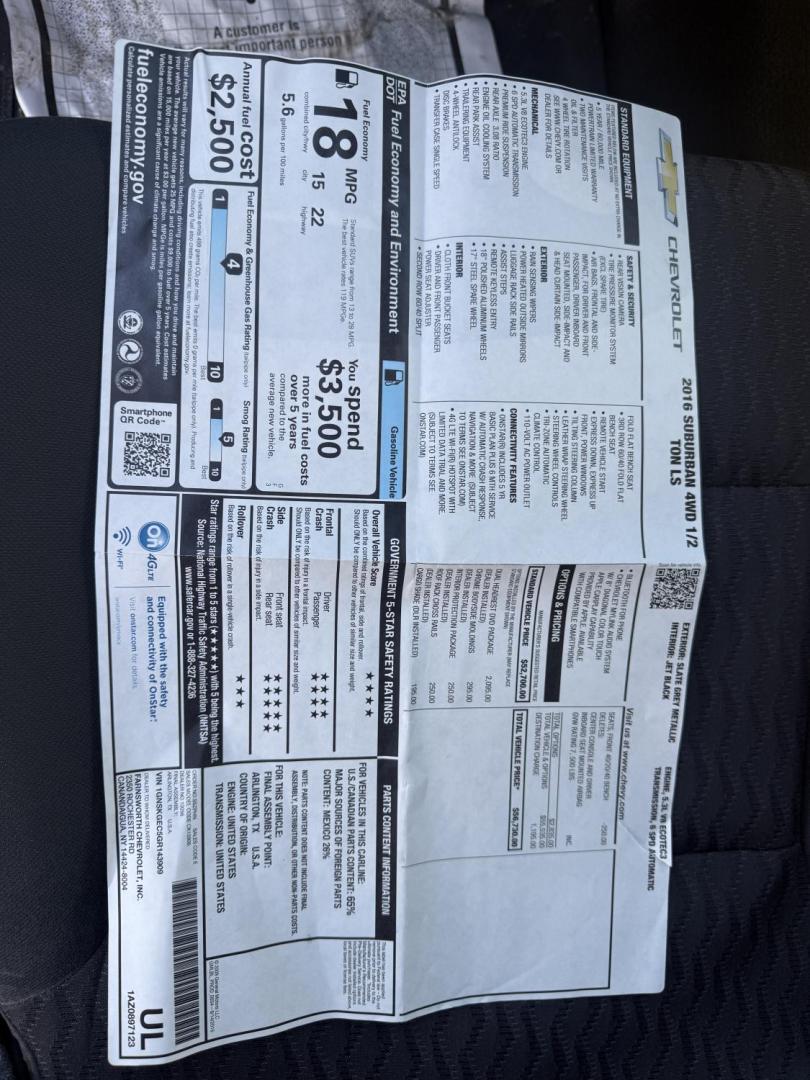 2016 Gray /Black Chevrolet Suburban LS 4WD (1GNSKGEC5GR) with an 5.3L V8 OHV 16V engine, Automatic transmission, located at 547 E. Main St., Orwell, OH, 44076, (440) 437-5893, 41.535435, -80.847855 - 2016 Chevrolet Suburban LS 4WD – Ultimate Space, Power, and Family Comfort Take command of every journey with this 2016 Chevrolet Suburban LS 4WD—a full-size SUV that delivers space, performance, and modern technology for the whole family. Under the hood, the robust 5.3L EcoTec3 V8 engine and - Photo#43