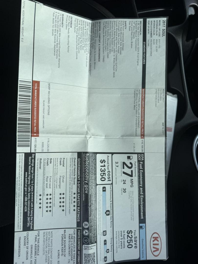 2017 Silver /Black Kia Soul (KNDJN2A23H7) with an 1.6L I4 DOHC 16V engine, 6 Speed Manual transmission, located at 11115 Chardon Rd. , Chardon, OH, 44024, (440) 214-9705, 41.580246, -81.241943 - Photo#37