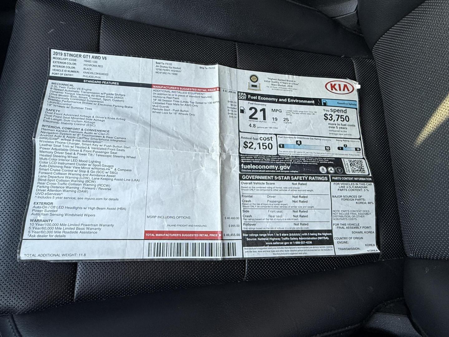 2019 Red /Black Kia Stinger GT1 AWD (KNAE45LC5K6) with an 3.3L V6 DOHC 24V Twin Turbo engine, Automatic transmission, located at 11115 Chardon Rd. , Chardon, OH, 44024, (440) 214-9705, 41.580246, -81.241943 - 2019 Kia Stinger GT1 AWD – Twin-Turbo Muscle Sedan with Luxury, Grip, and Jaw-Dropping Performance! This ferocious 2019 Kia Stinger GT1 AWD is a true sleeper that looks elegant but punches like a supercar! The heart-pounding 3.3L Twin-Turbo V6 engine unleashes massive torque through a lightning-f - Photo#32