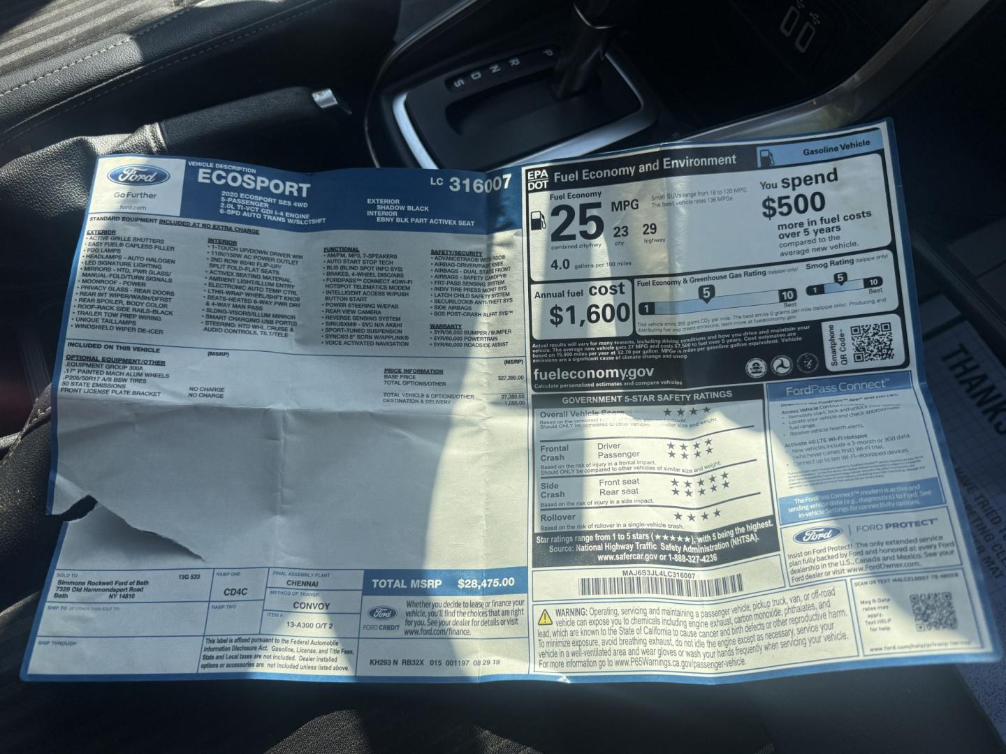 2020 Black /Black Ford EcoSport SES AWD (MAJ6S3JL4LC) with an 2.0L I4 DOHC 16V engine, Automatic transmission, located at 547 E. Main St., Orwell, OH, 44076, (440) 437-5893, 41.535435, -80.847855 - 2020 Ford EcoSport SES 4WD – Compact, Efficient, and Sporty with Fresh Tires! This 2020 Ford EcoSport SES 4WD is a fun, capable, and fuel-efficient small SUV that’s perfect for daily driving and light adventures. Powered by a responsive 2.0L I4 Duratec engine paired with a smooth 6-speed automa- Photo#40