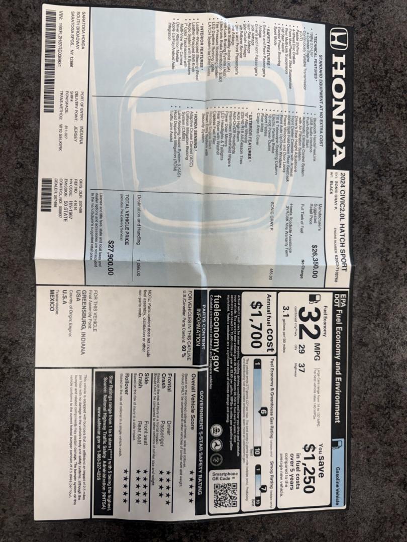 2024 Gray /Black Honda Civic Sport (19XFL2H87RE) with an 2.0L I4 DOHC 16V engine, Automatic transmission, located at 547 E. Main St., Orwell, OH, 44076, (440) 437-5893, 41.535435, -80.847855 - 2024 Honda Civic Hatch Sport – Modern Style with Strong Efficiency and Everyday Tech If you want a compact car that feels current, efficient, and enjoyable to drive, this 2024 Honda Civic Hatch Sport is a strong match. The responsive 2.0L engine delivers a solid balance of performance and fuel ec- Photo#39