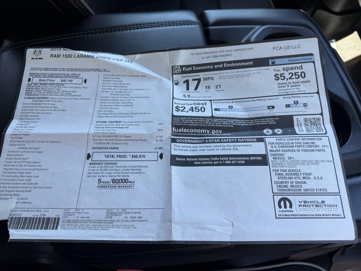 2019 Gray /Black RAM 1500 Laramie Crew Cab SWB 4WD (1C6SRFJT8KN) with an 5.7L V8 OHV 16V engine, Automatic transmission, located at 547 E. Main St., Orwell, OH, 44076, (440) 437-5893, 41.535435, -80.847855 - 2019 Ram 1500 Laramie Crew Cab 4WD – HEMI Power with Laramie Comfort and Presence The Laramie trim is where the Ram 1500 starts to feel more upscale, and this 2019 Crew Cab 4WD shows why. Finished in Granite Crystal Metallic with 20" polished aluminum wheels and full LED exterior lighting, it has- Photo#52