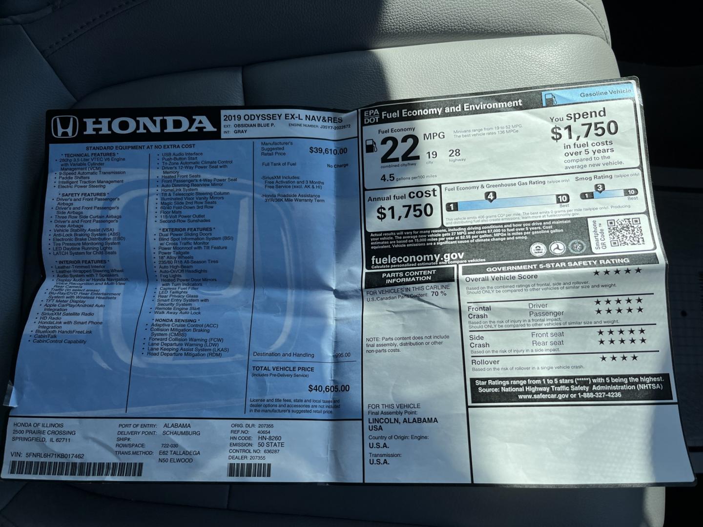 2019 Blue /Gray Honda Odyssey EX-L NAV RES (5FNRL6H71KB) with an 3.5L V6 SOHC 24V engine, Automatic transmission, located at 11115 Chardon Rd. , Chardon, OH, 44024, (440) 214-9705, 41.580246, -81.241943 - 2019 Honda Odyssey EX-L with Navigation and Rear Entertainment – Family Luxury That Makes the Miles Easier If you want a minivan that feels a step above and still handles real family life, this 2019 Honda Odyssey EX-L is a strong choice. Honda’s reputation for reliability meets a cabin built ar- Photo#45