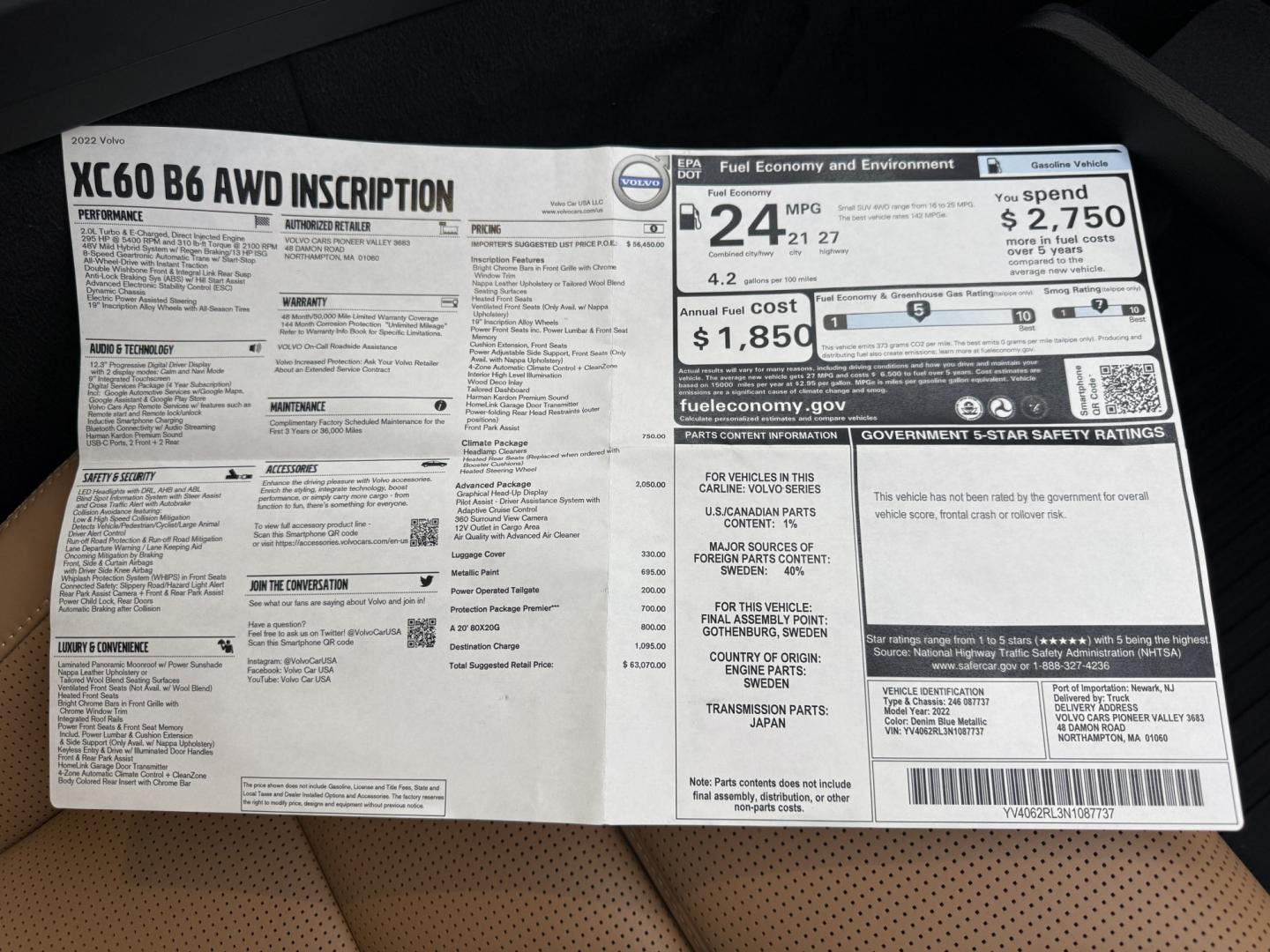 2022 Blue /Brown Volvo XC60 B6 Inscription AWD (YV4062RL3N1) with an 2.0L I4 DOHC 16V Twin Charged engine, Automatc transmission, located at 11115 Chardon Rd. , Chardon, OH, 44024, (440) 214-9705, 41.580246, -81.241943 - 2022 Volvo XC60 B6 AWD Inscription – Scandinavian Luxury, Quiet Confidence, and One-Owner Prestige! This is not just another crossover. This 2022 Volvo XC60 B6 AWD Inscription is the kind of vehicle you settle into and immediately feel the difference. The Inscription badge is Volvo’s statement- Photo#53